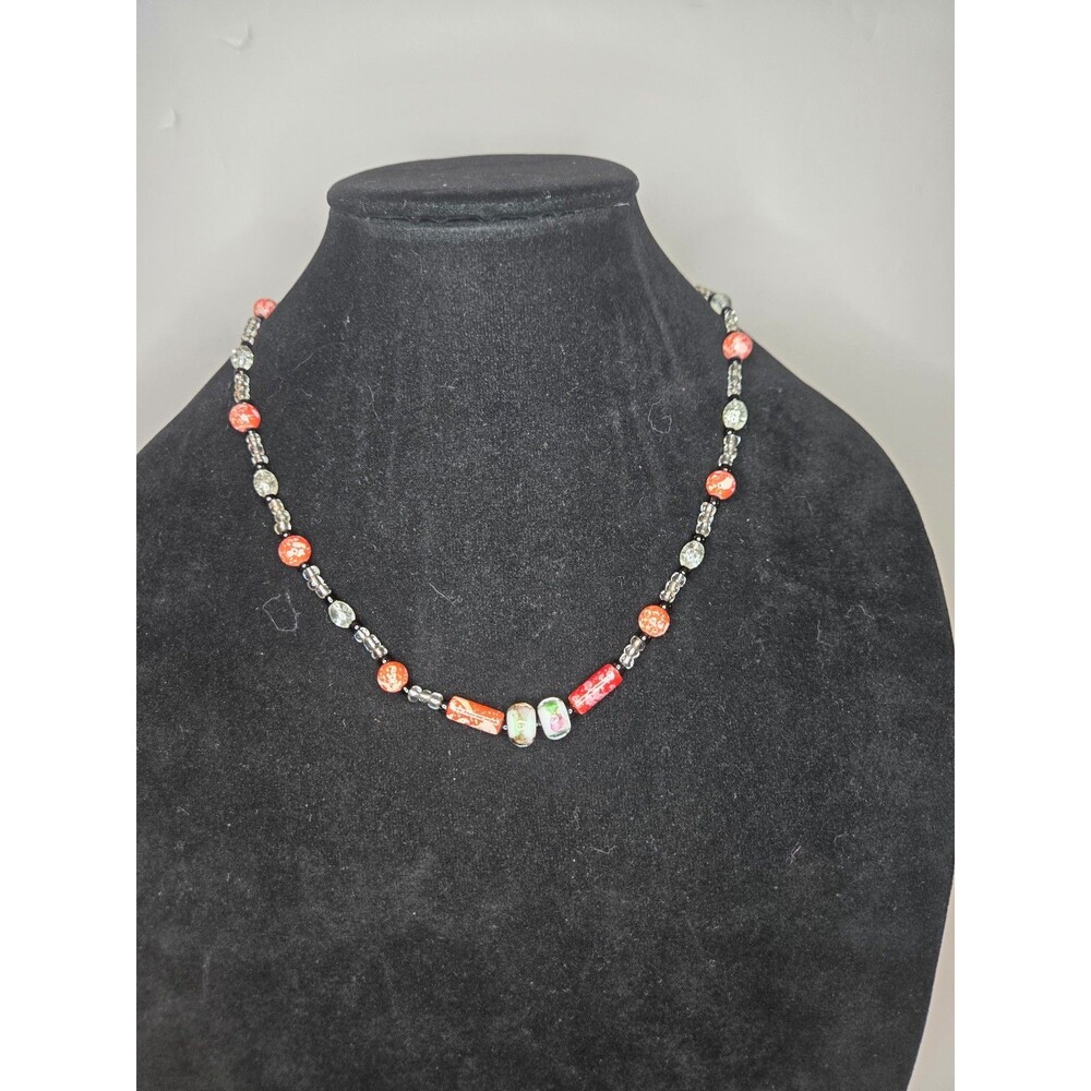 Red Beaded Necklace Clear Spacers Silver Tone Toggle Clasp